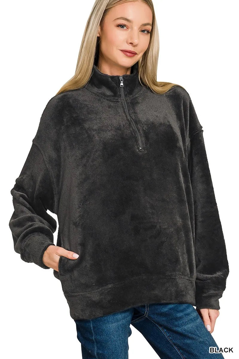 Zenana Faux Fur Half Zip Pocket Pullover OutfitFlow