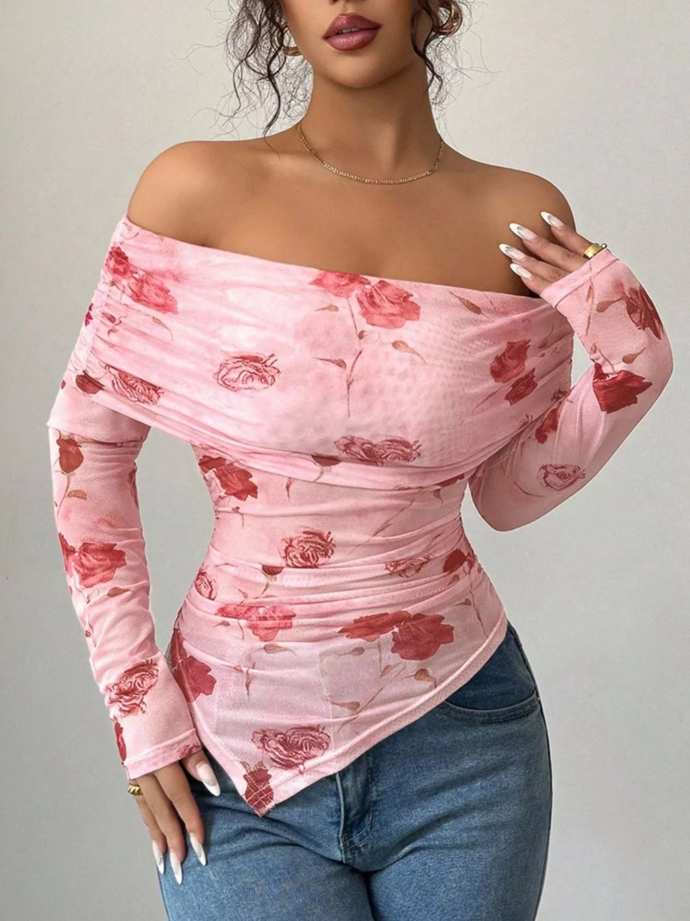 Floral Print Off-Shoulder Mesh Top OutfitFlow