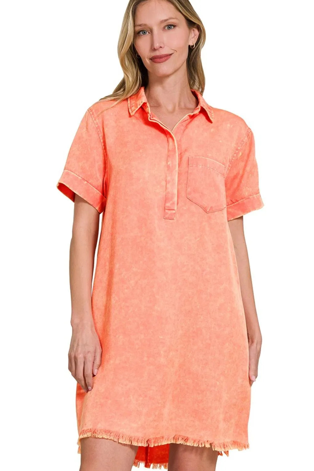 Zenana Tencel Mineral Washed Collared Shirts Dress OutfitFlow