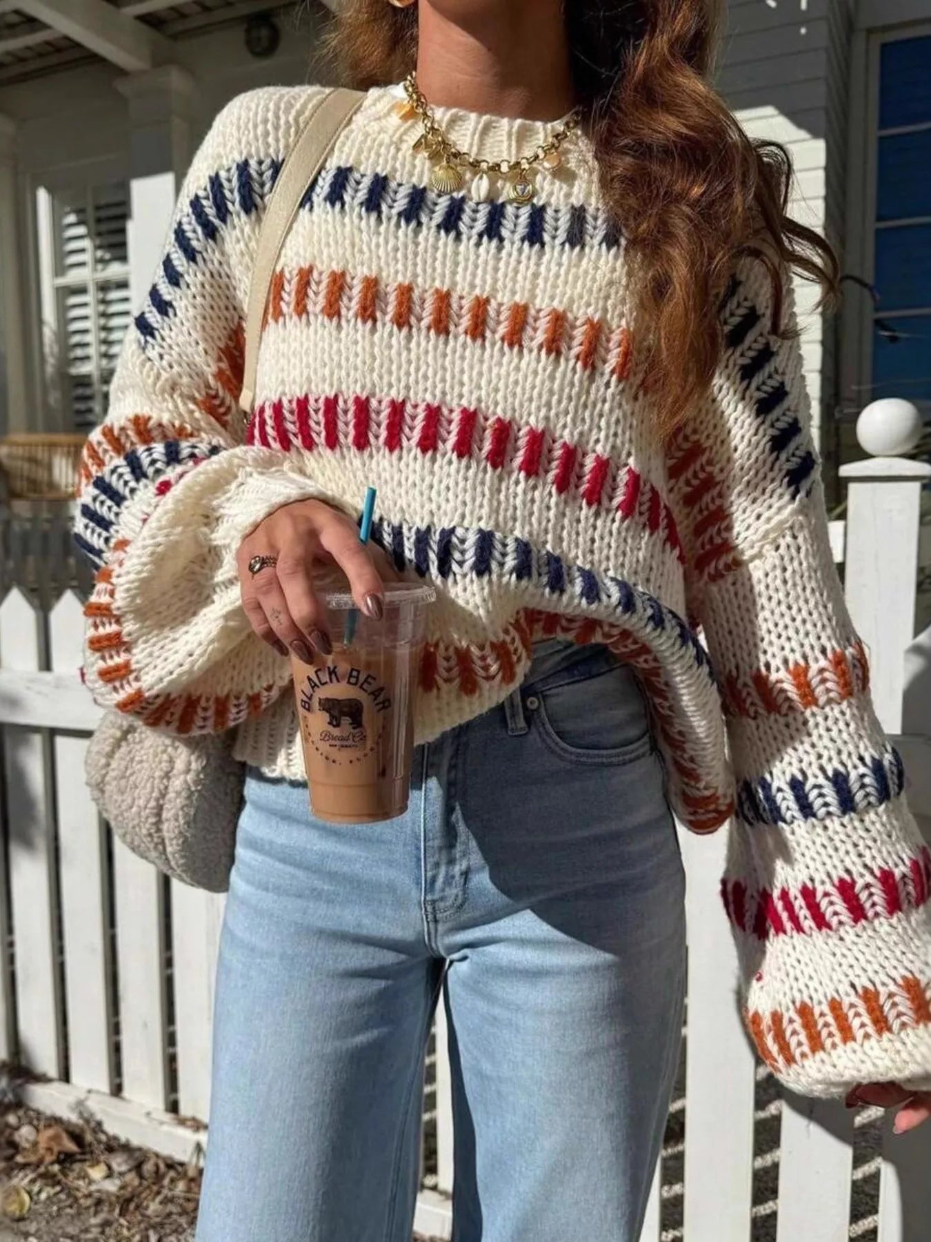 Striped Round Neck Long Sleeve Sweater OutfitFlow
