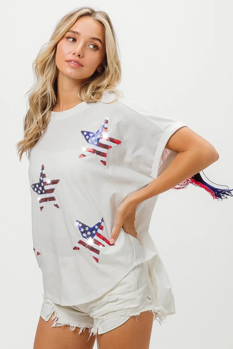 BiBi American Flag Sequin Star Fringe Top OutfitFlow