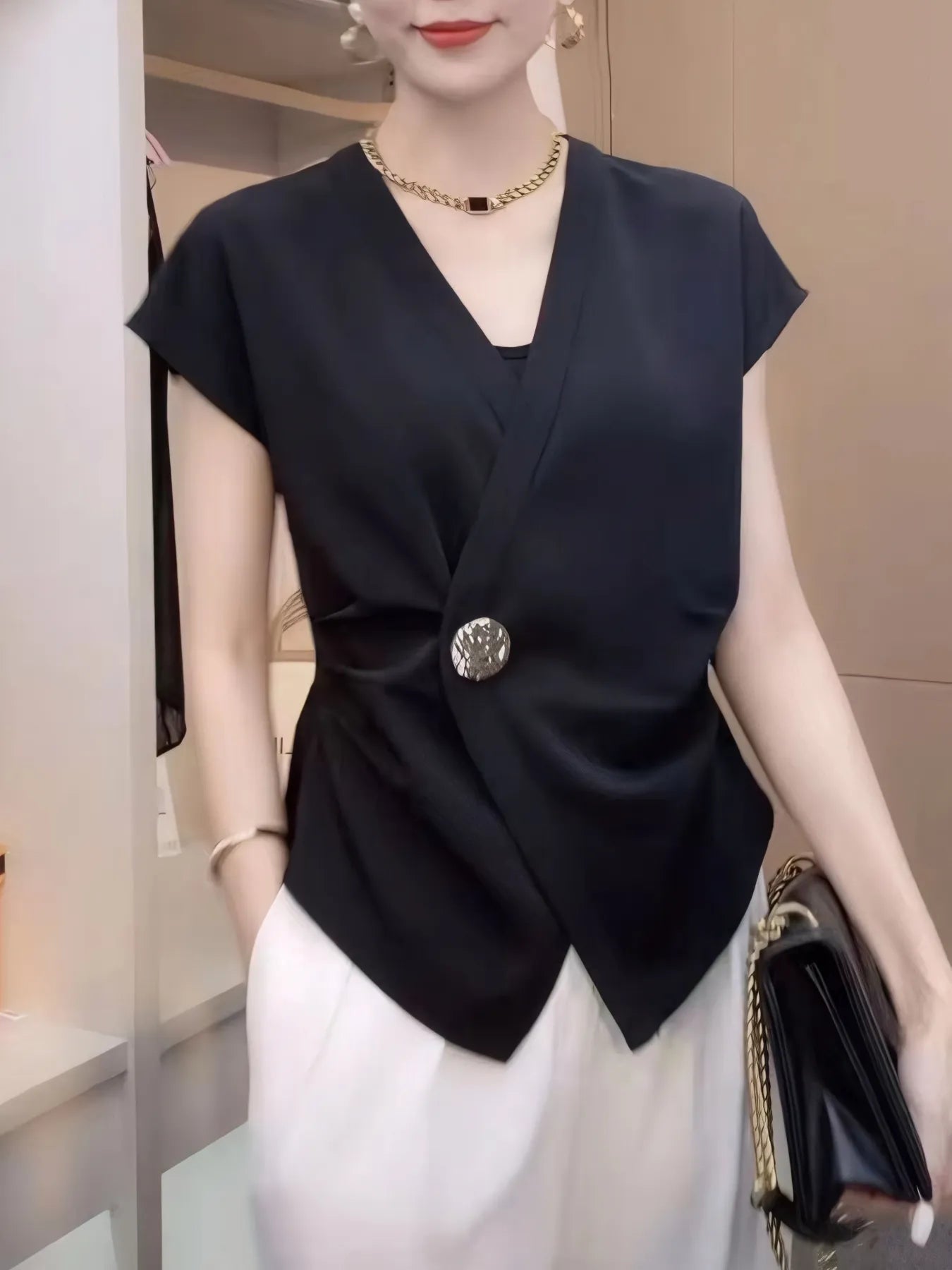 Plus Size Wrap Front Blouse with Decorative Button Detail OutfitFlow