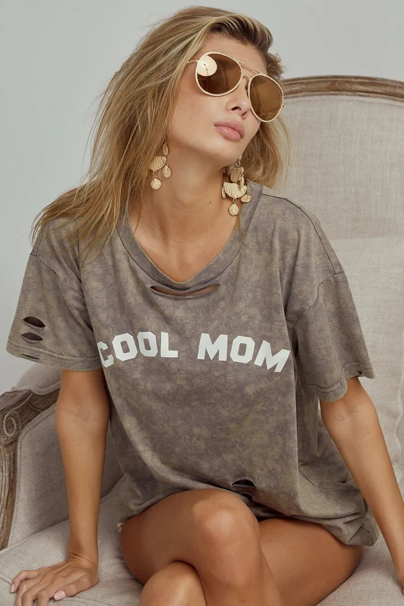 BiBi Washed Laser Cut Detail Cool Mom Print Top OutfitFlow