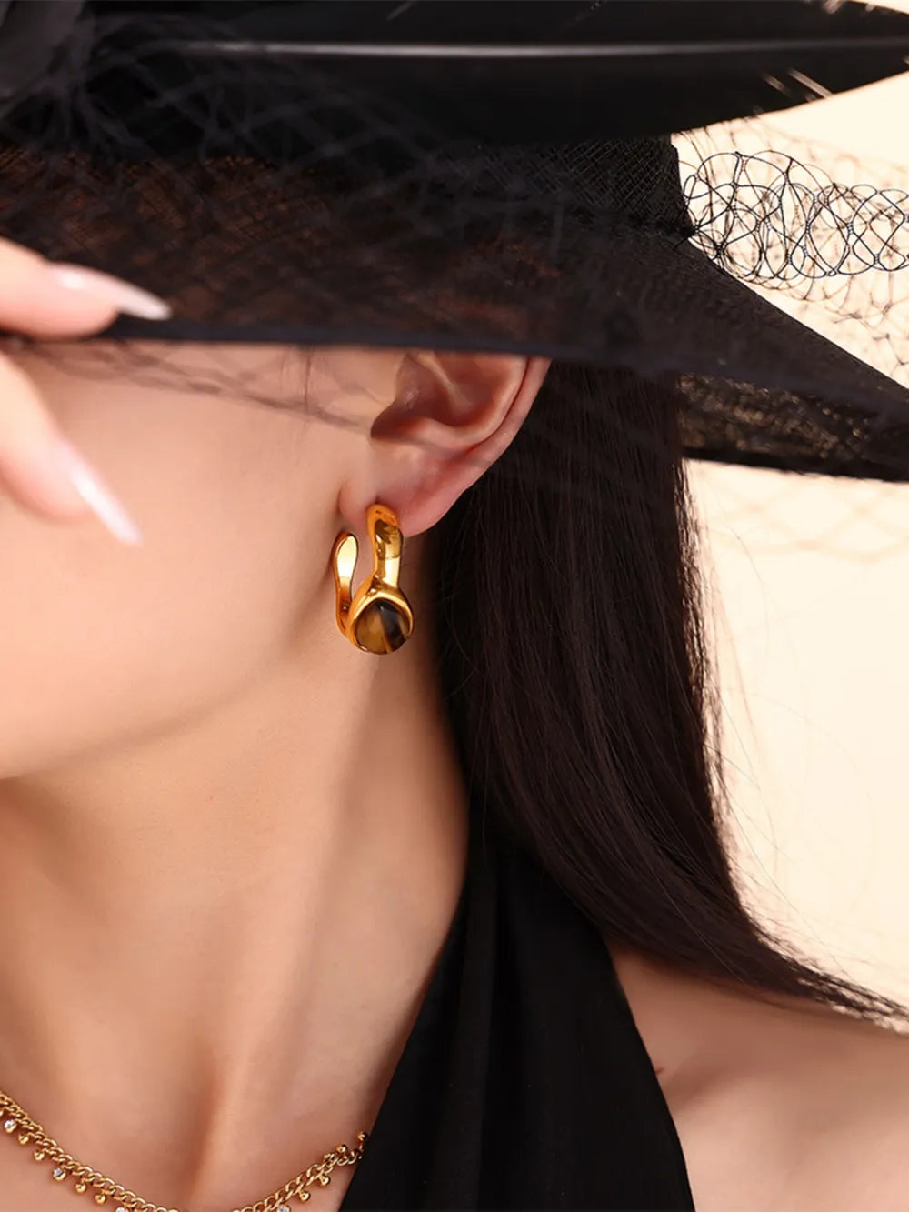 Stainless Steel Tigerite Ring and C-Hoop Earrings Set OutfitFlow