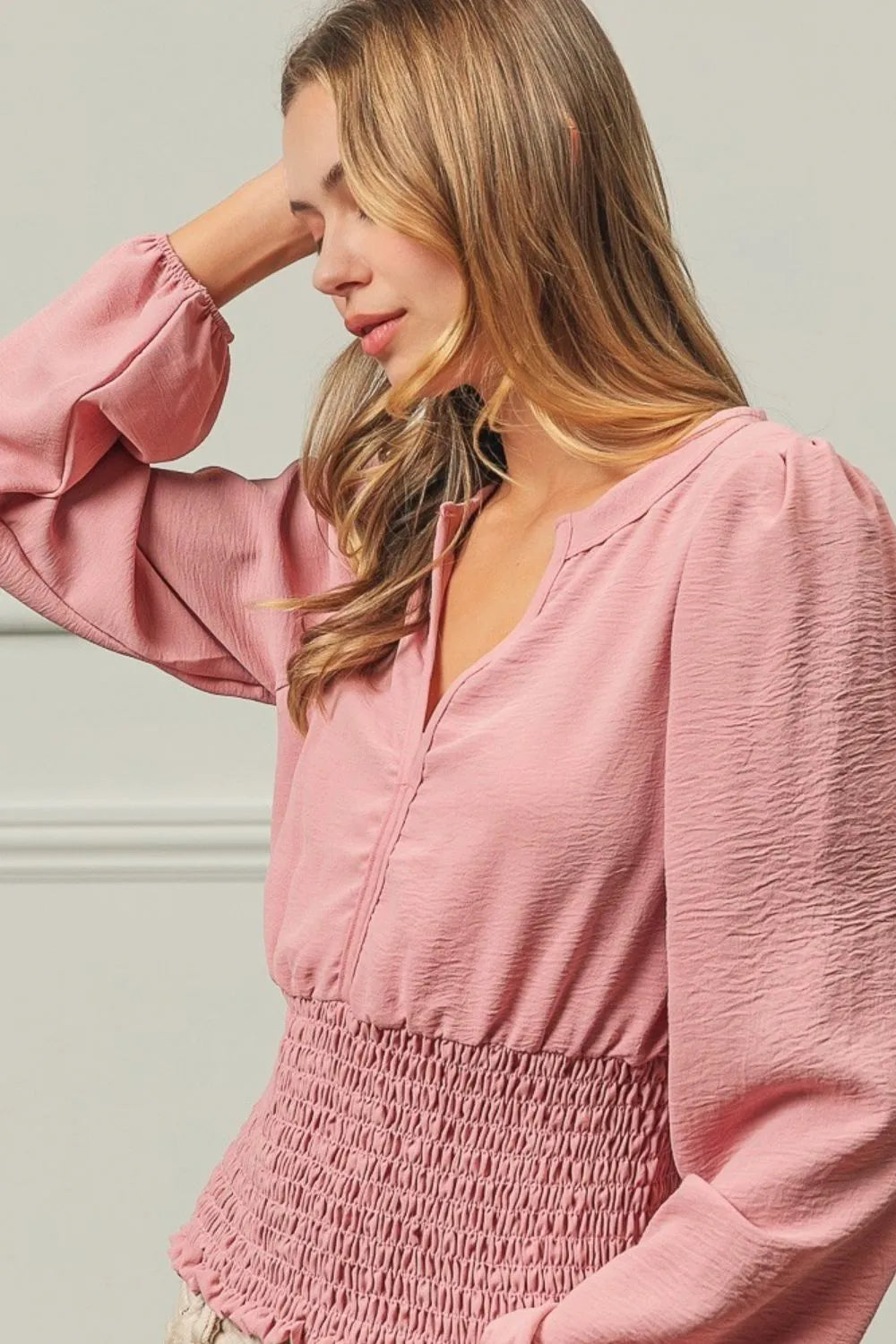 BiBi Smoking Waist Band and Puff Sleeves Deep V Neck Top OutfitFlow