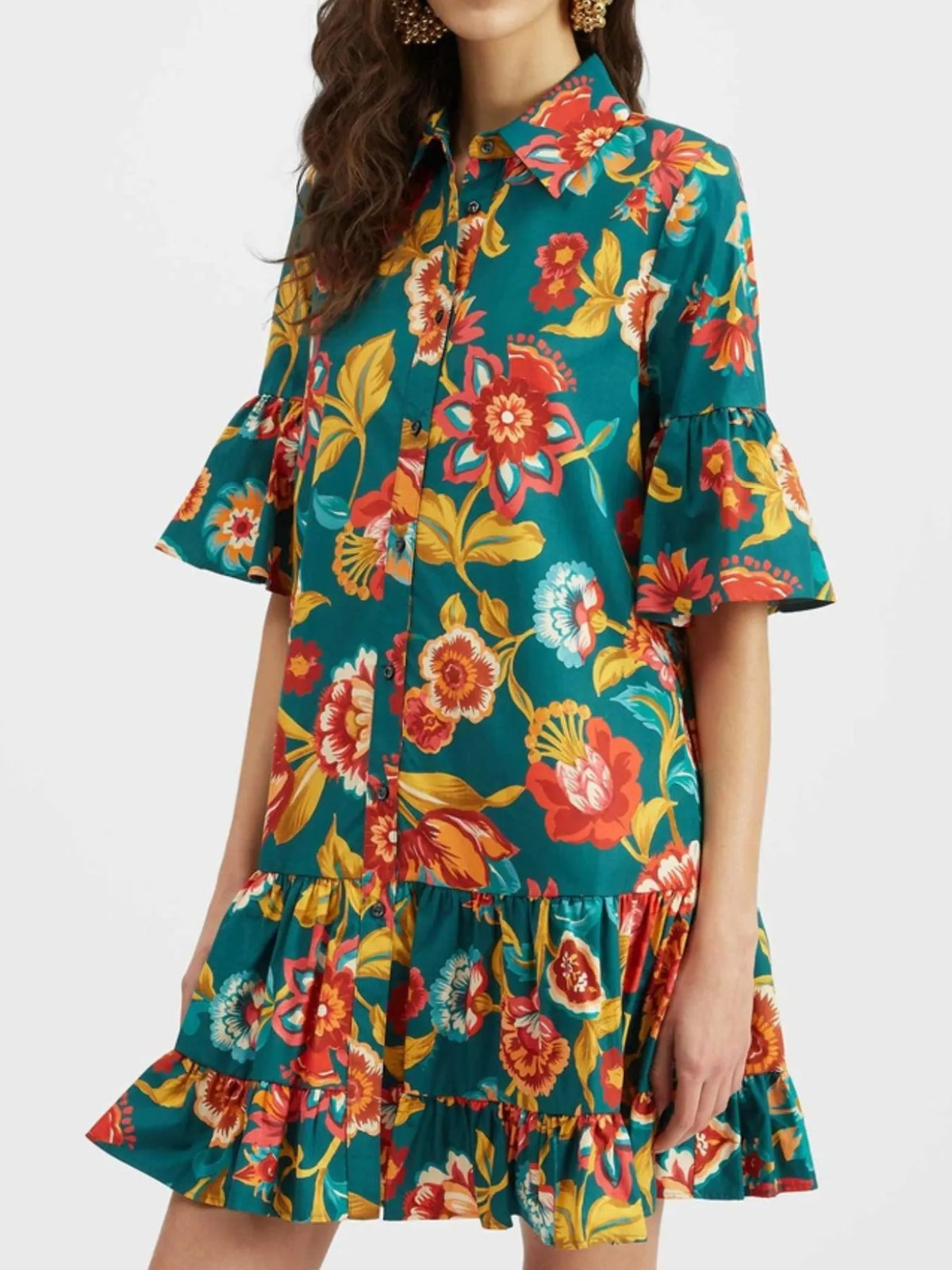 Floral Print Ruffle Sleeve Mini Dress Green OutfitFlow