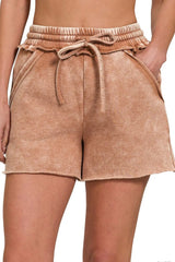 Zenana Acid Wash Fleece Drawstring Shorts With Pockets RUST OutfitFlow