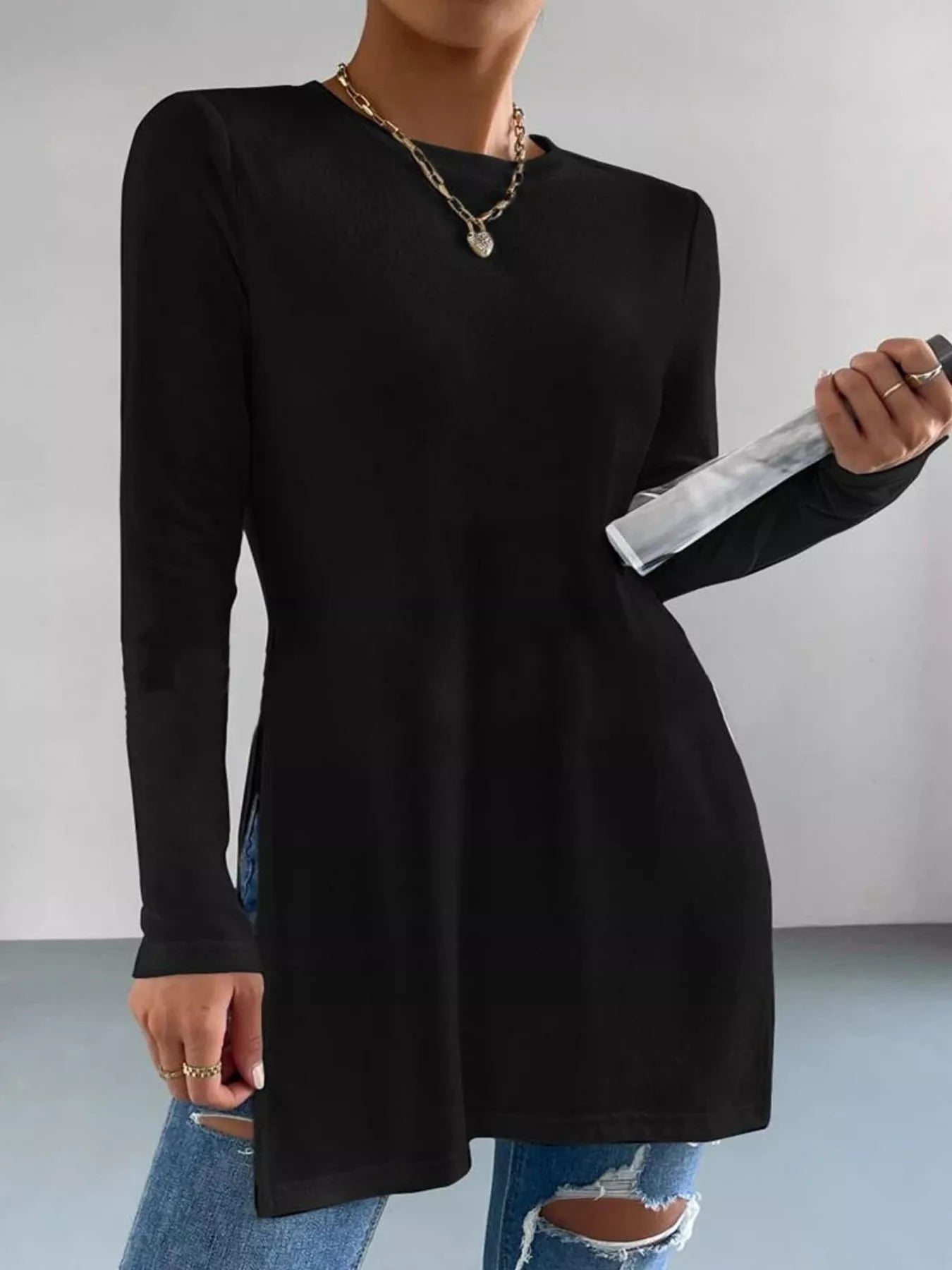 Long Sleeve Side Slit T-Shirt Trendsi