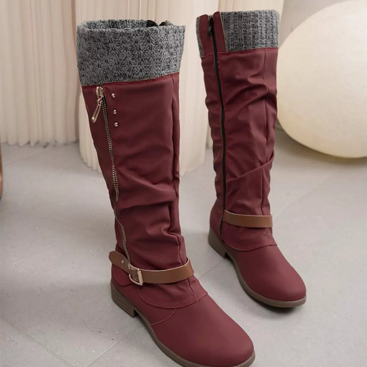 Knee High Slouch Boots with Knit Cuff Burgundy OutfitFlow
