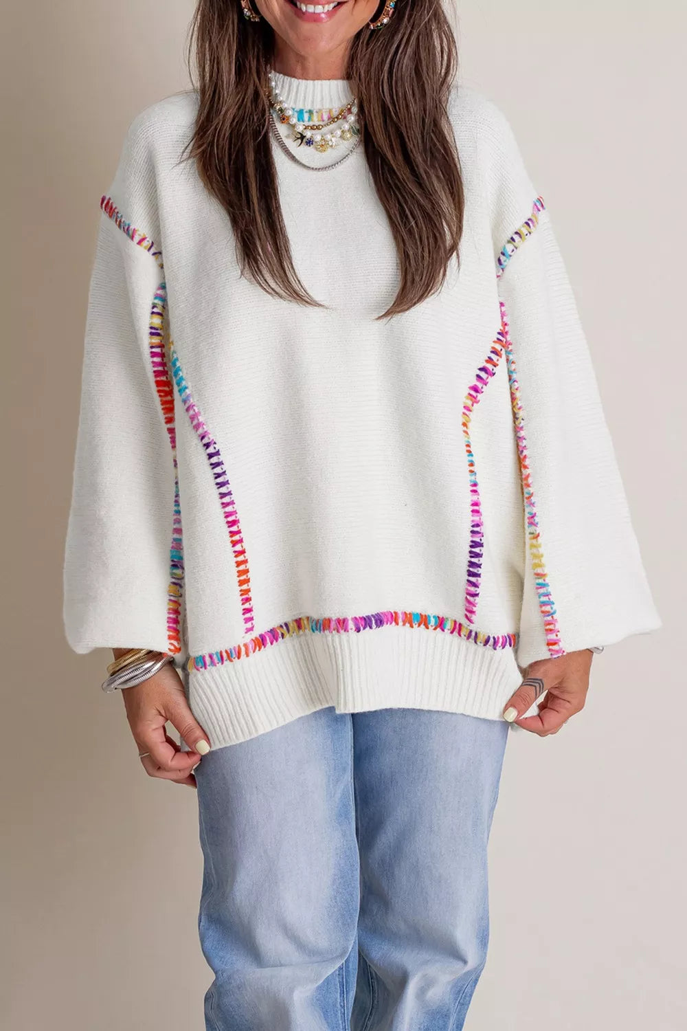 Rainbow Stitching Long Sleeve Relaxed Sweater White OutfitFlow