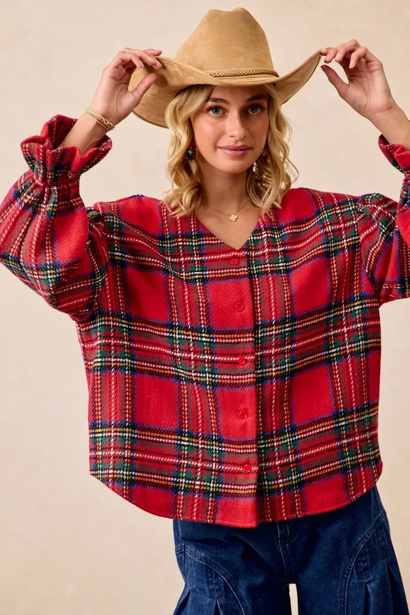 BiBi Christmas Plaid V-Neck Flounce Sleeve Jacket Trendsi
