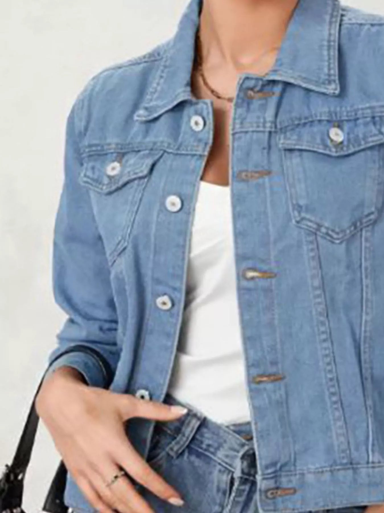 Button Up Long Sleeve Denim Jacket OutfitFlow