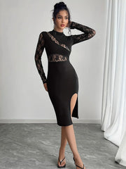 Lace Mock Neck Slit Dress OutfitFlow