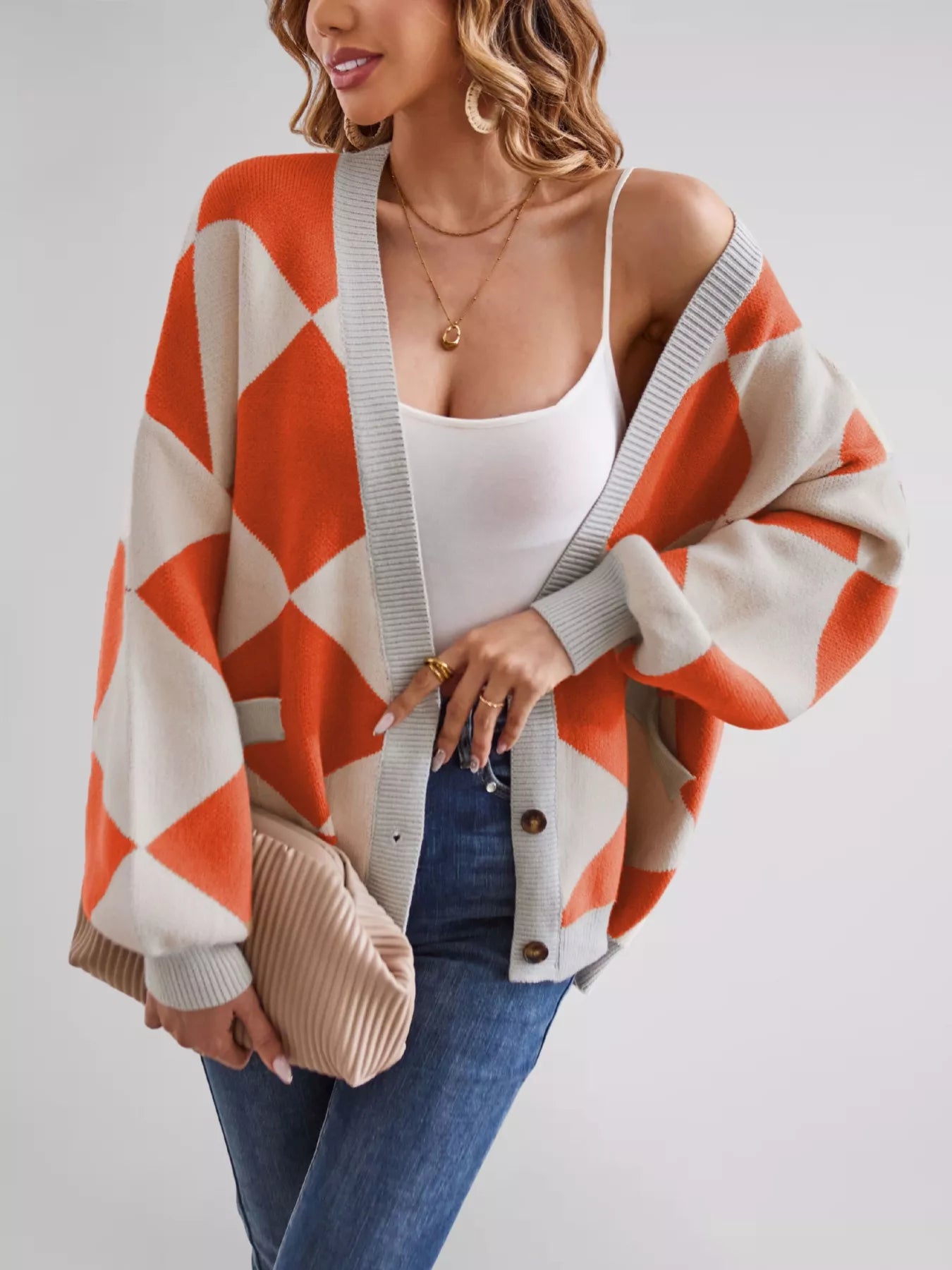 Diamond Pattern Button-Up Knit Cardigan OutfitFlow