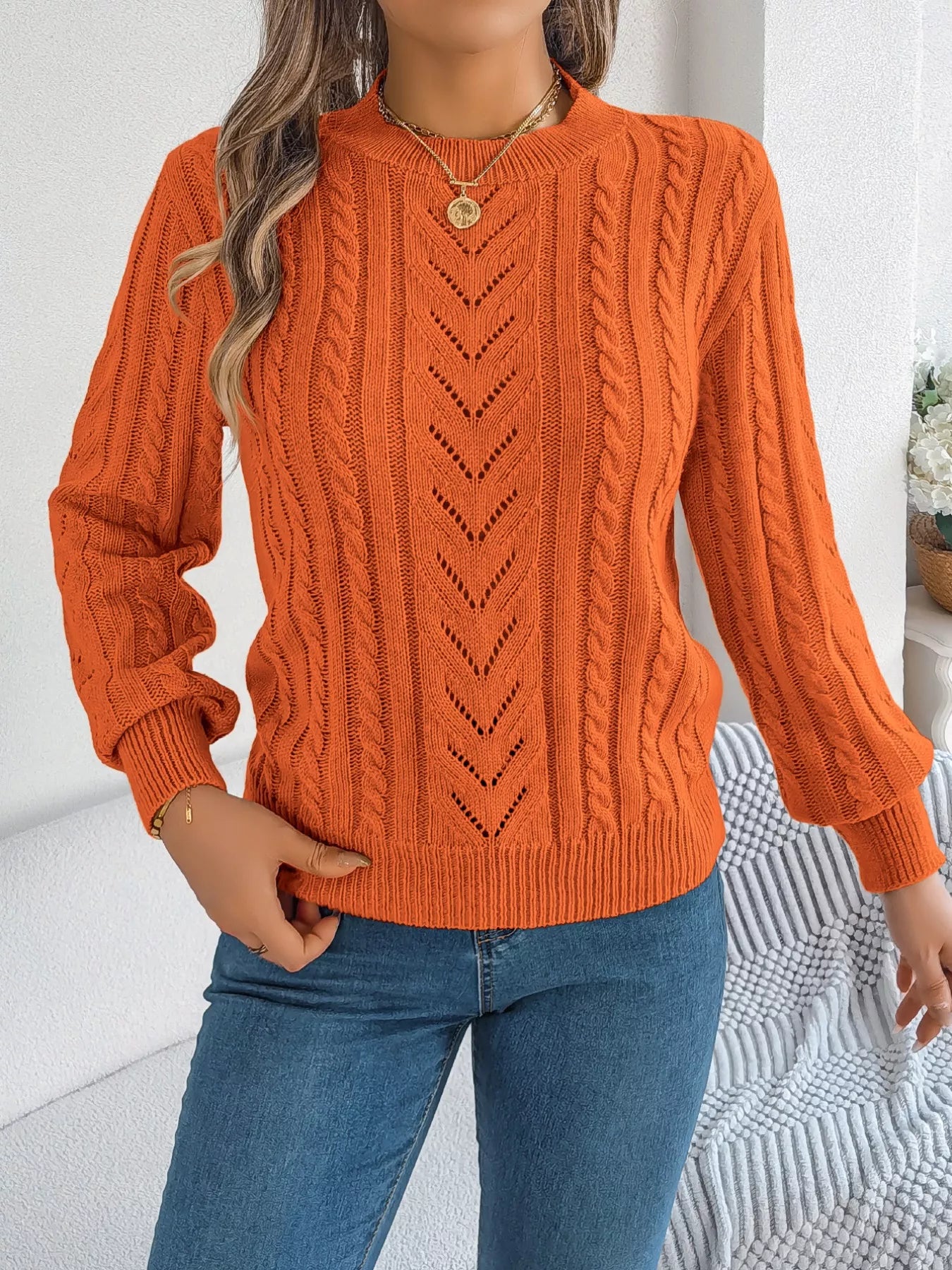 Cable-Knit Round Neck Sweater OutfitFlow