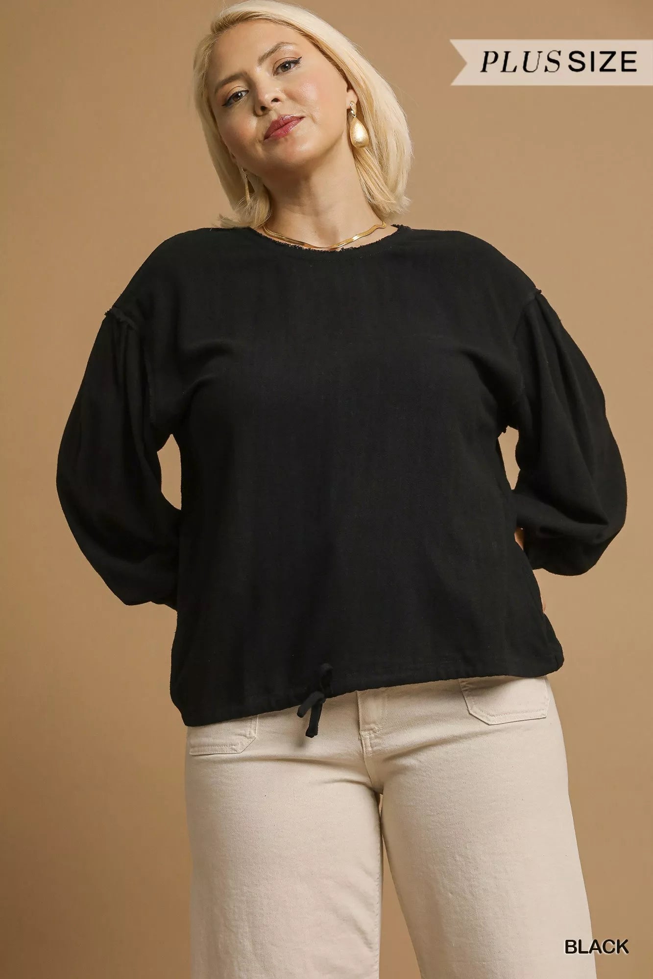 Umgee Full Size Linen Long Sleeve Top with Drawstring Plus Size Trendsi