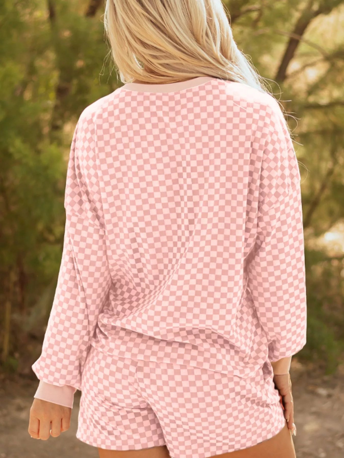Checkerboard Long Sleeve Pullover and Shorts Set OutfitFlow