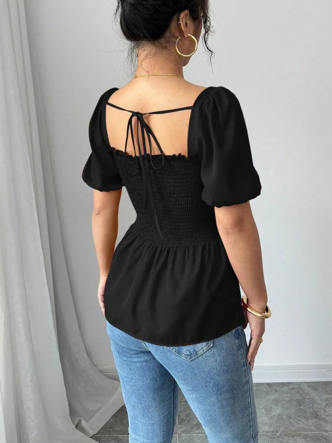 Slit Square Neck Short Sleeve Blouse OutfitFlow