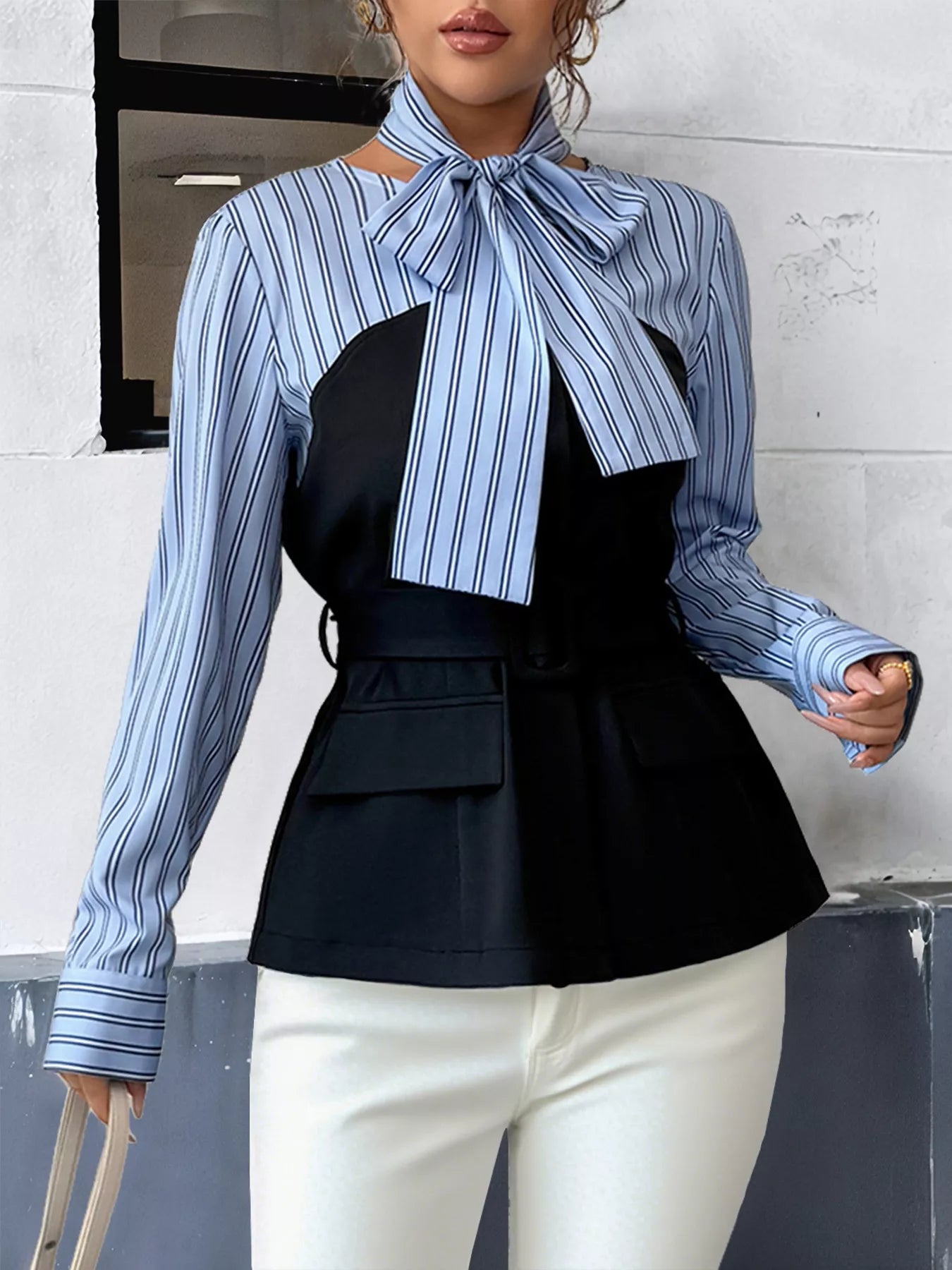 Striped Long Sleeve Blouse with Bow Tie OutfitFlow