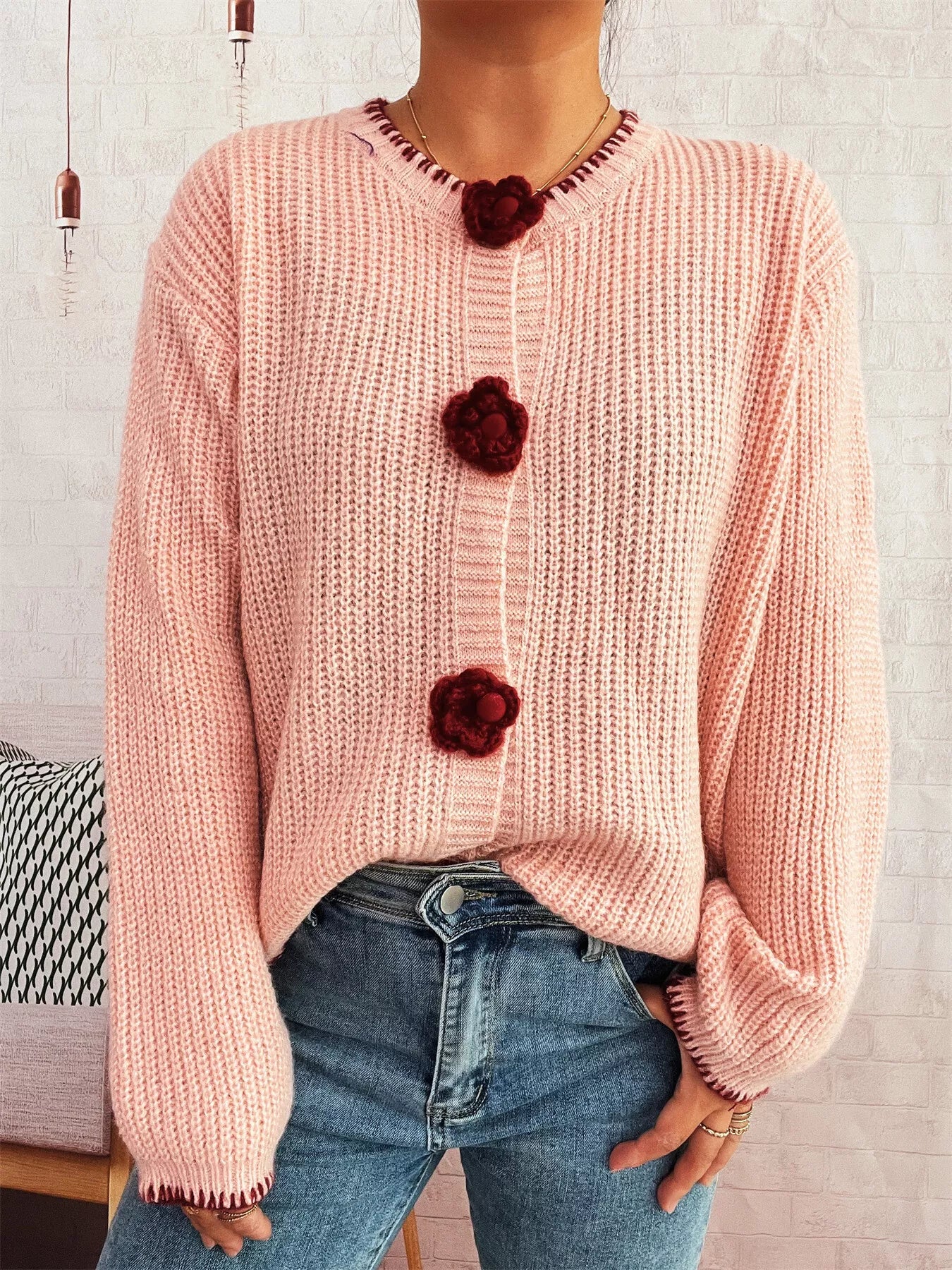 Flower Button Long Sleeve Cardigan Pink One Size OutfitFlow