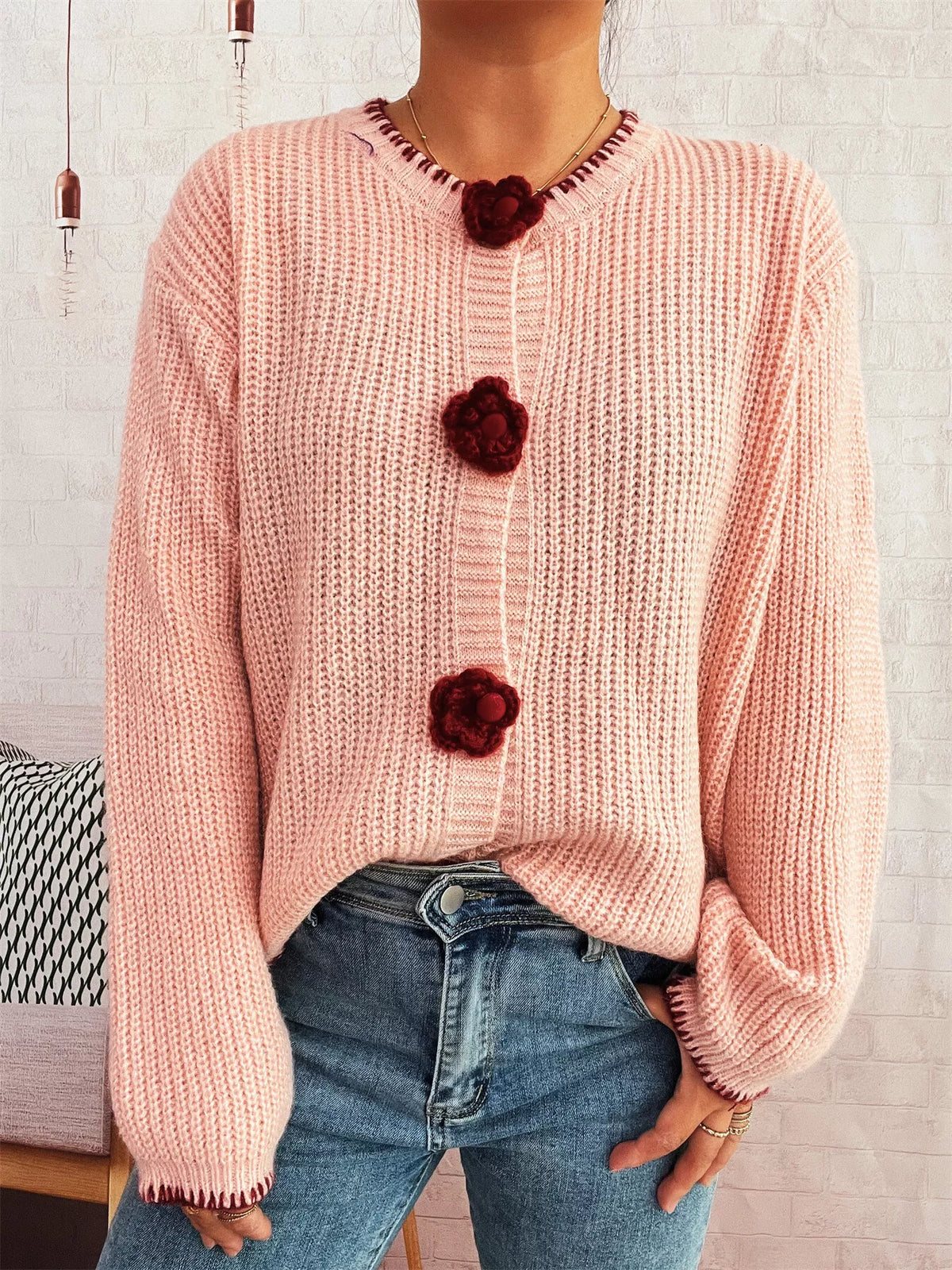 Flower Button Long Sleeve Cardigan Pink One Size OutfitFlow