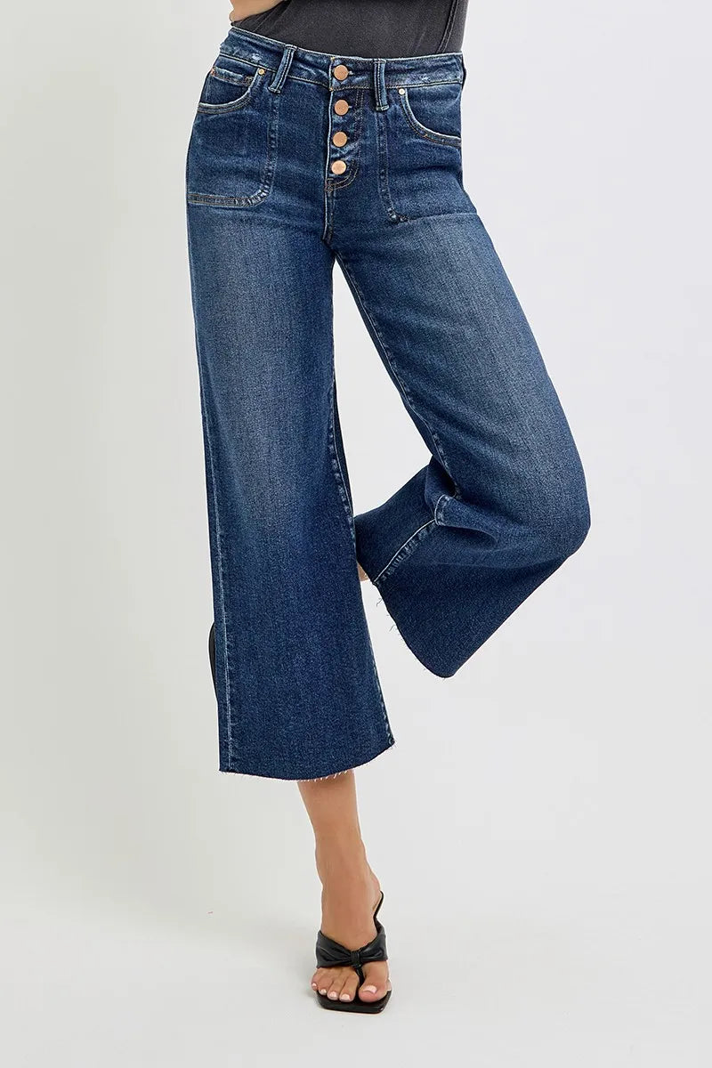 RISEN Full Size High Rise Crop Wide Button Up Jeans Plus Size DARK OutfitFlow