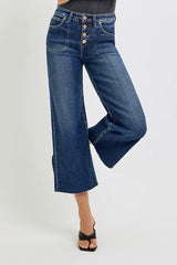 RISEN Full Size High Rise Crop Wide Button Up Jeans Plus Size DARK OutfitFlow
