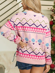 Multicolour Ethnic Christmas Pattern Knit Feather Cuffed Sweater OutfitFlow