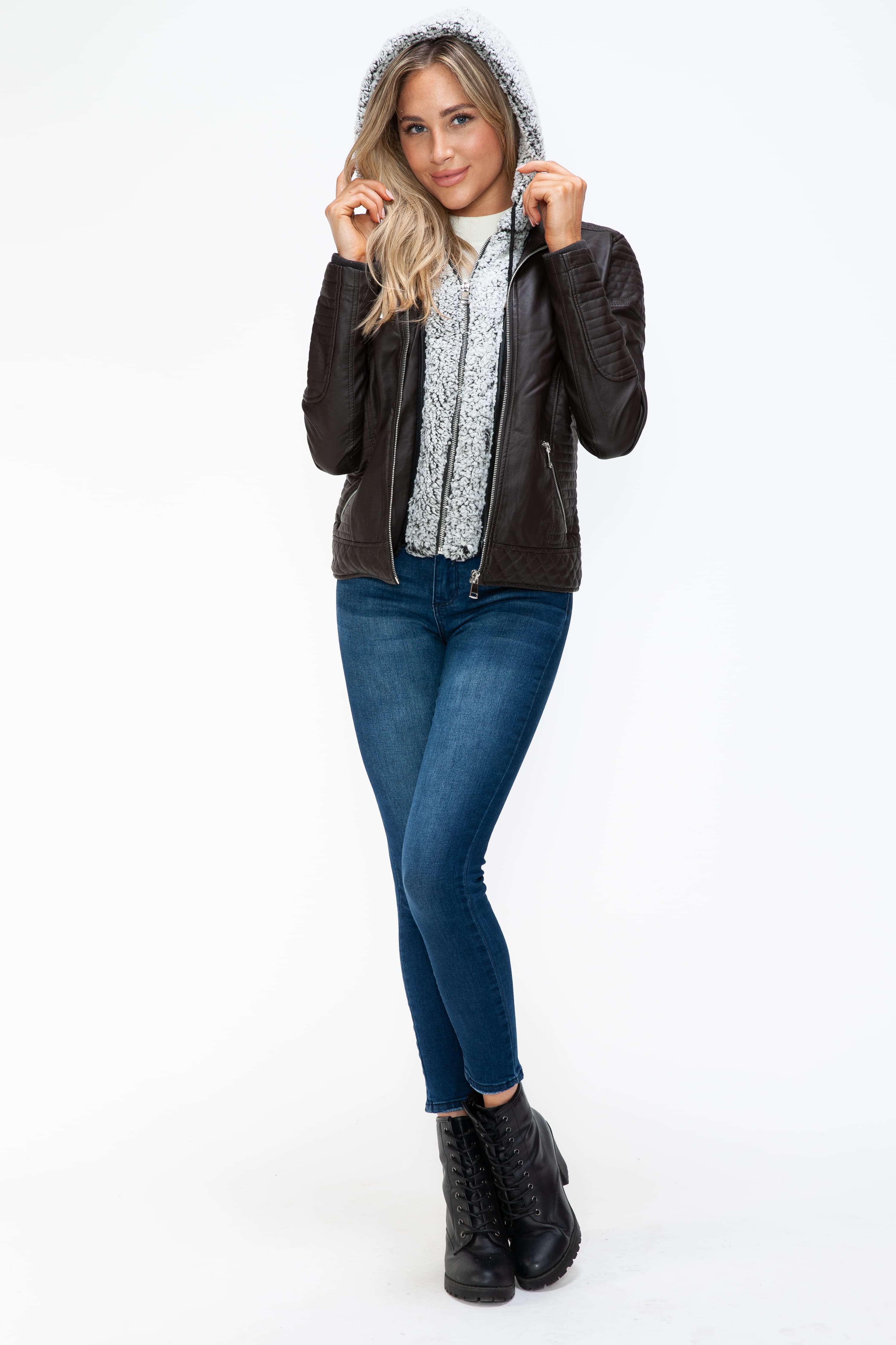 Outfit Flow - YMI Faux Layered Double-Zipper Jacket with Fuzzy Hood