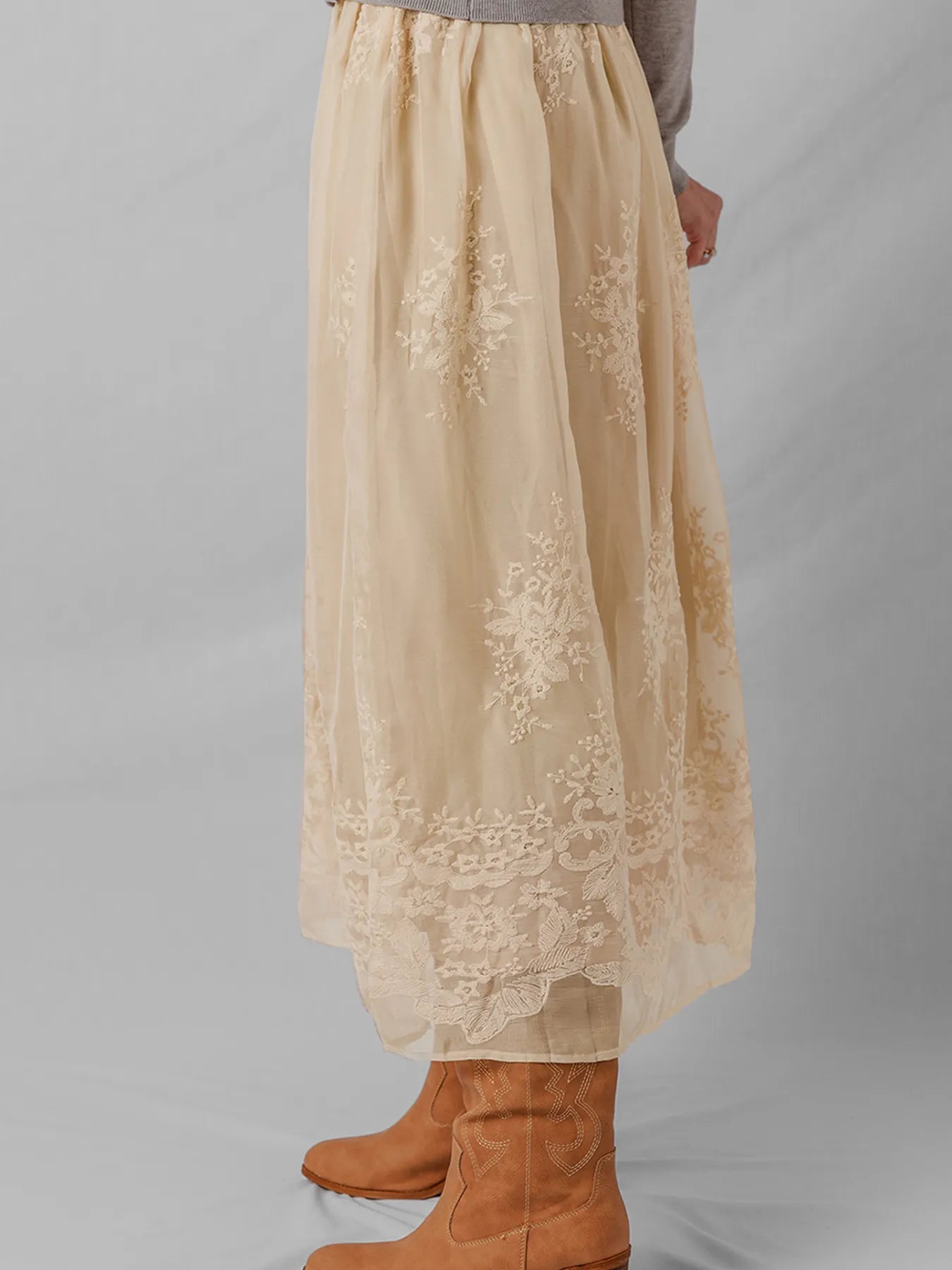 Embroidered Mesh Overlay Flowy Midi Skirt OutfitFlow