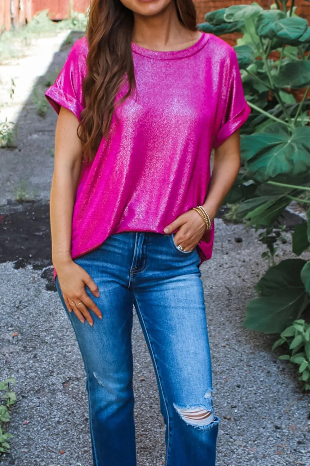 Round Neck Short Sleeve Casual Blouse OutfitFlow
