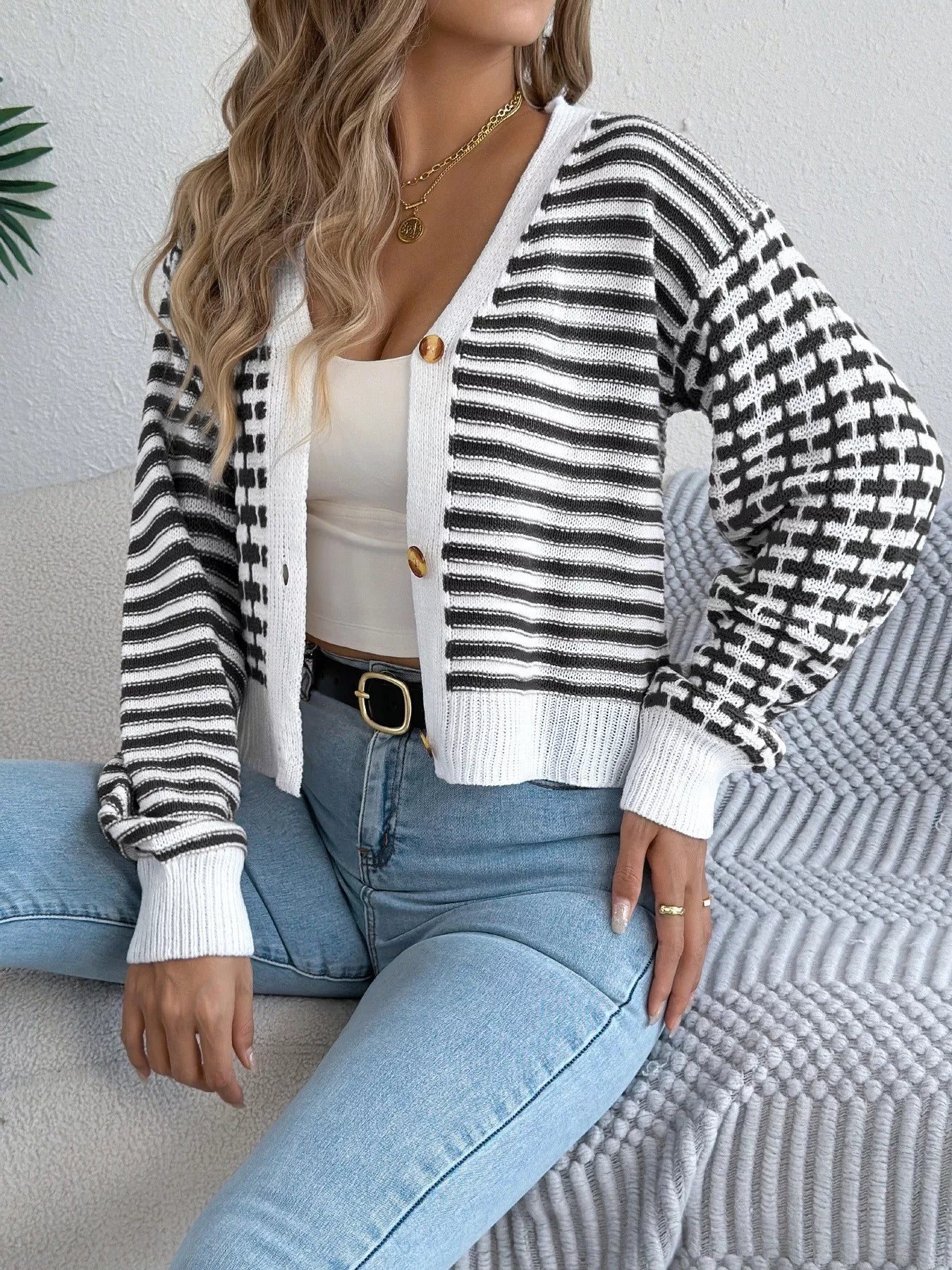 Striped Button-Up Cropped Cardigan OutfitFlow
