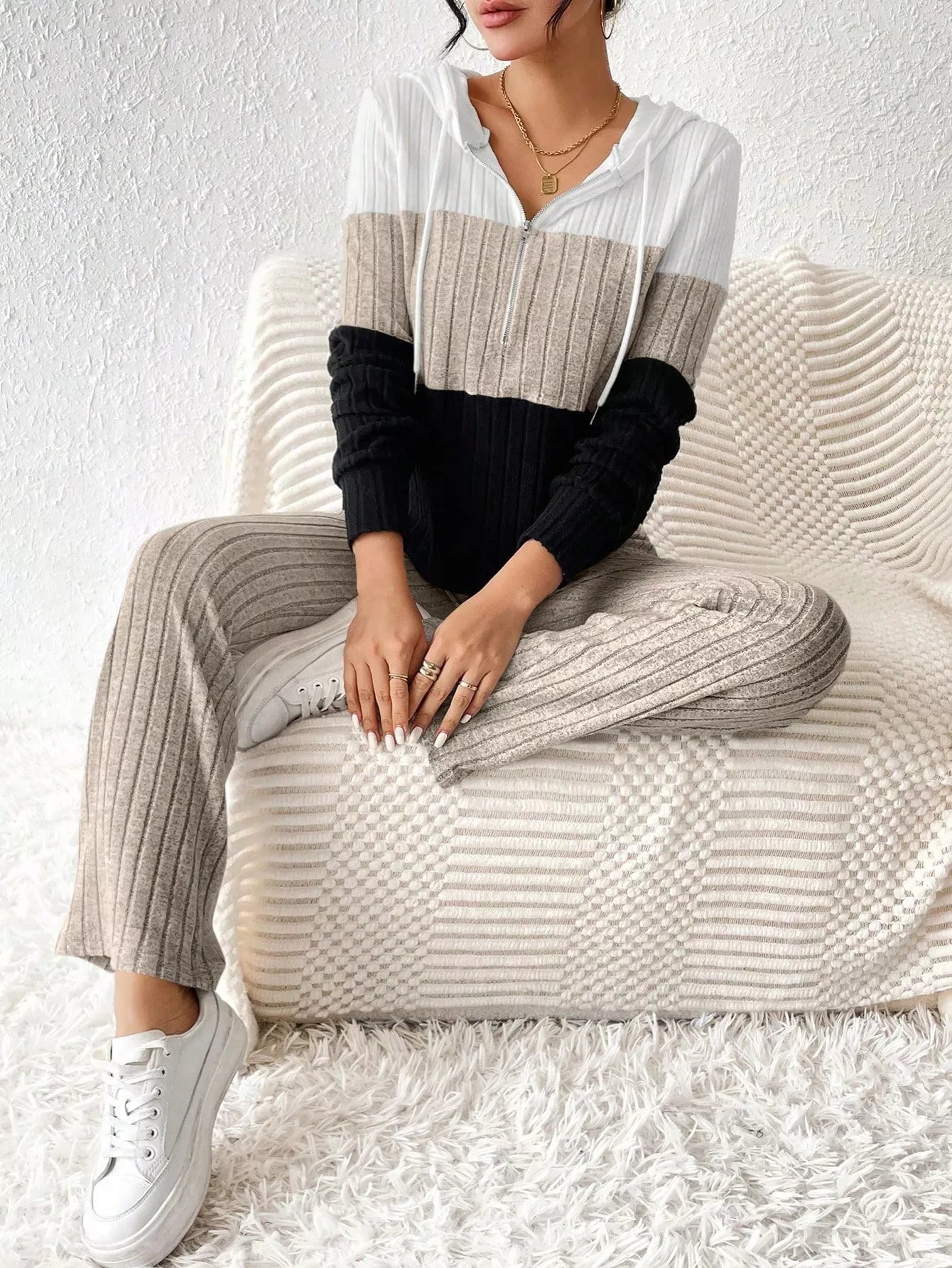 Color Block Half Zip Hooded Top and Pants Set OutfitFlow