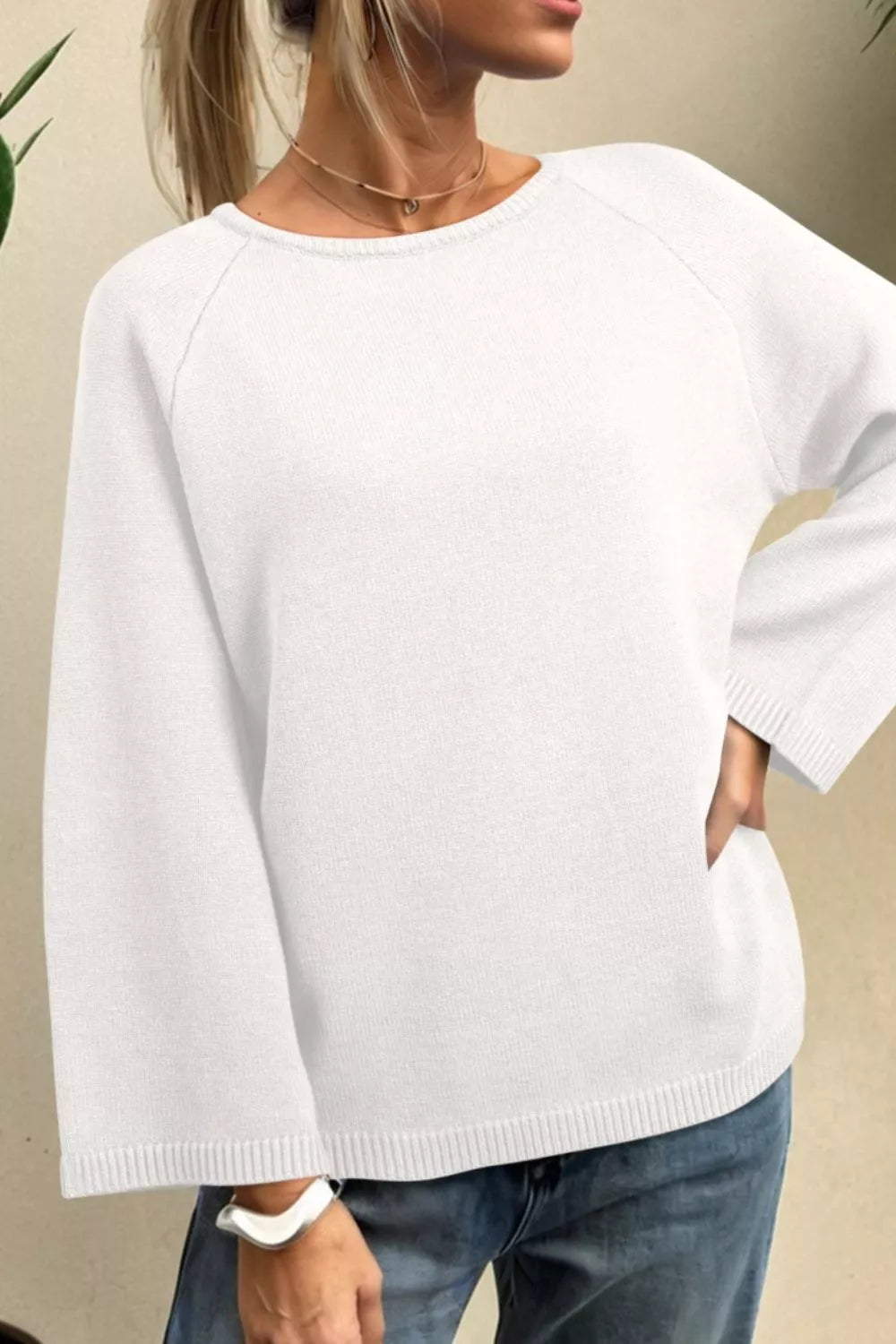 Boat Neck Raglan Sleeve Knit Top OutfitFlow
