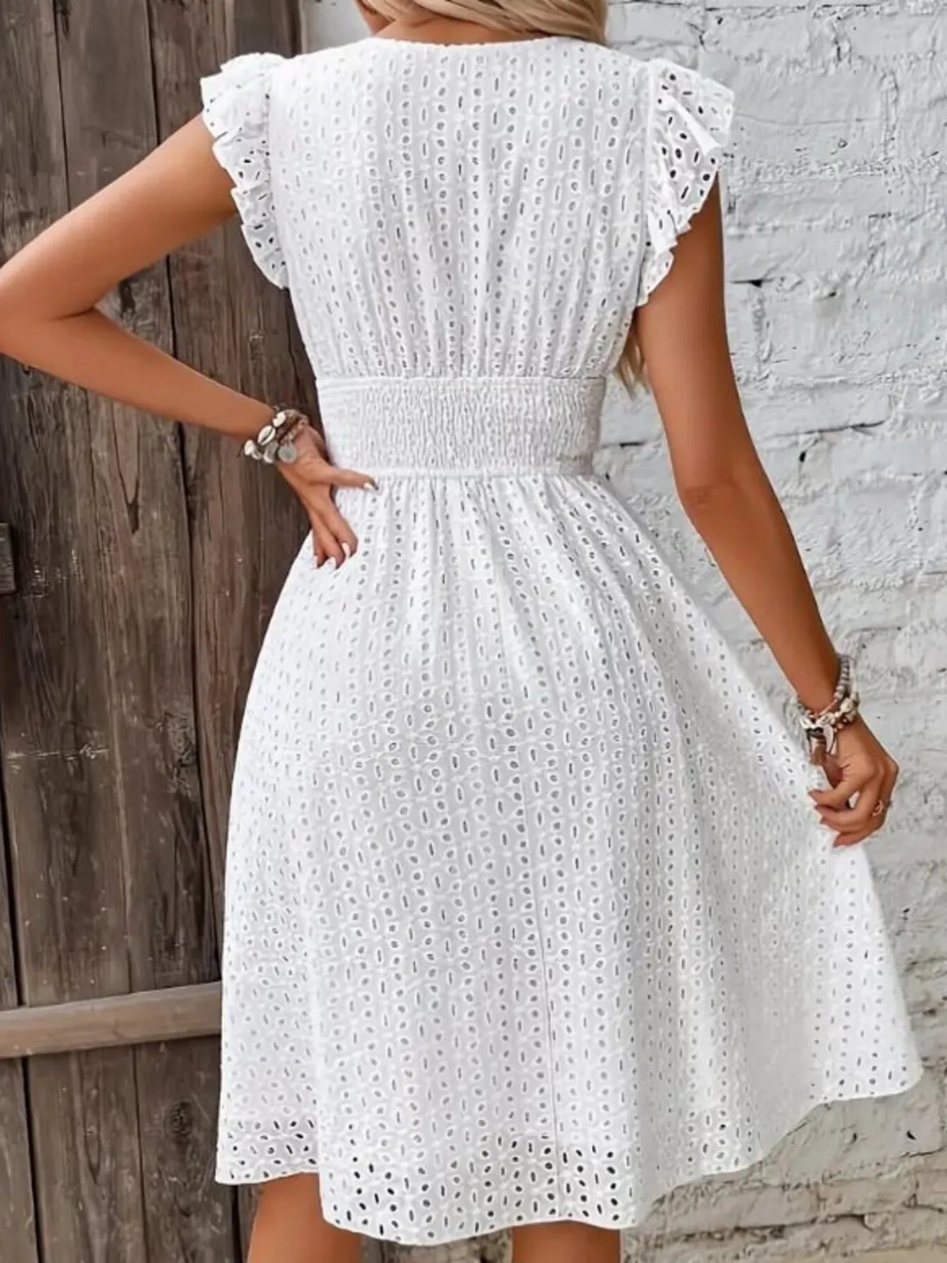 Eyelet Ruffled Cap Sleeve Mini Dress OutfitFlow