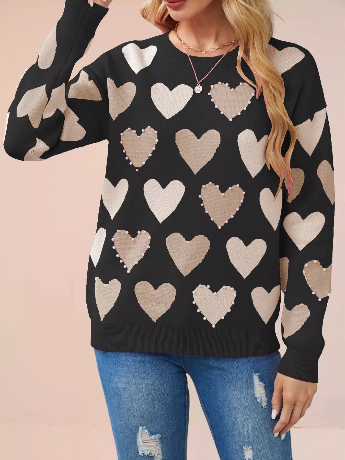 Heart Pattern Beaded Round Neck Sweater OutfitFlow