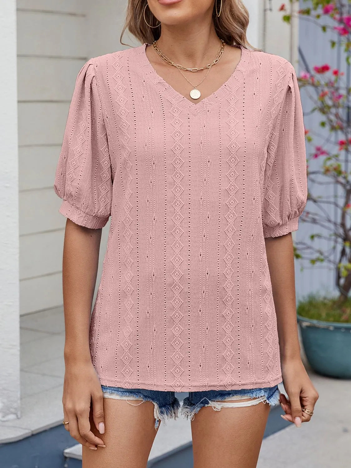 Puff Sleeve V-Neck Eyelet Lace T-Shirt OutfitFlow