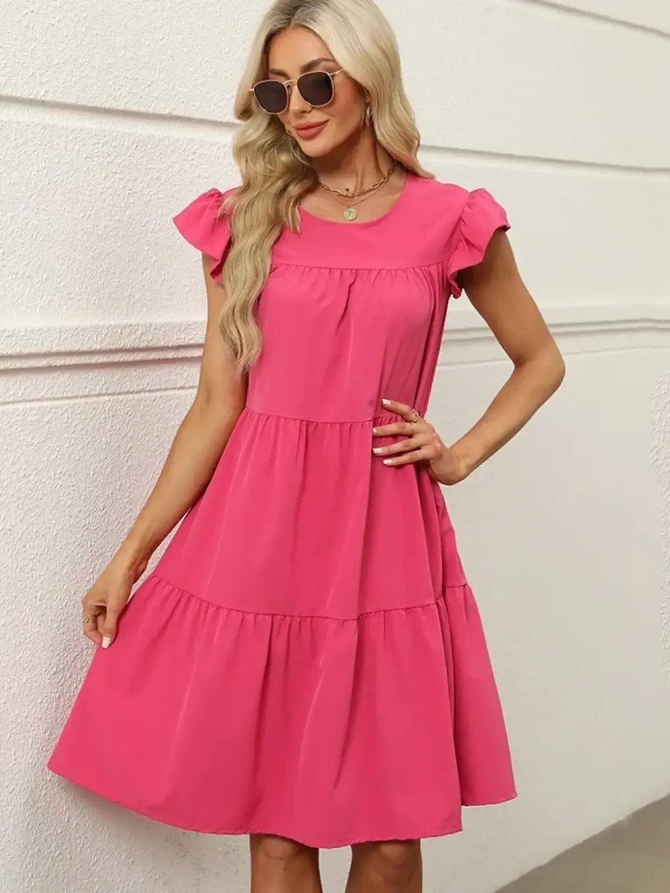 Tiered Ruffle Sleeve Mini Dress Strawberry OutfitFlow