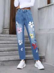 Floral Embroidered High Waist Distressed Jeans OutfitFlow