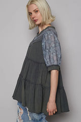POL Lace Detail Tiered Round Neck Half Sleeve Blouse OutfitFlow