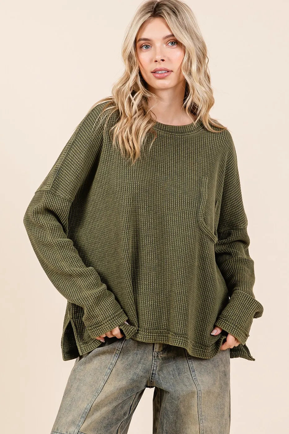 Mittoshop Mineral Wash Cutout Pocket Long Sleeve Waffle Top OutfitFlow