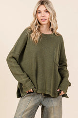 Mittoshop Mineral Wash Cutout Pocket Long Sleeve Waffle Top OutfitFlow