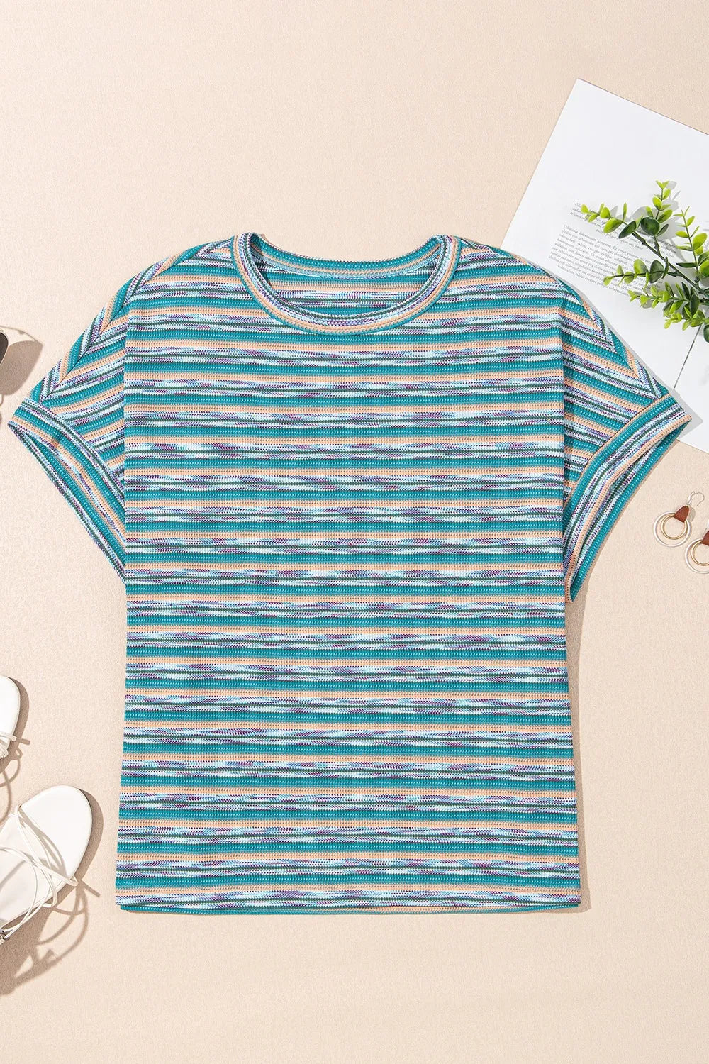 Multicolour Striped Wide Sleeve Loose T Shirt OutfitFlow