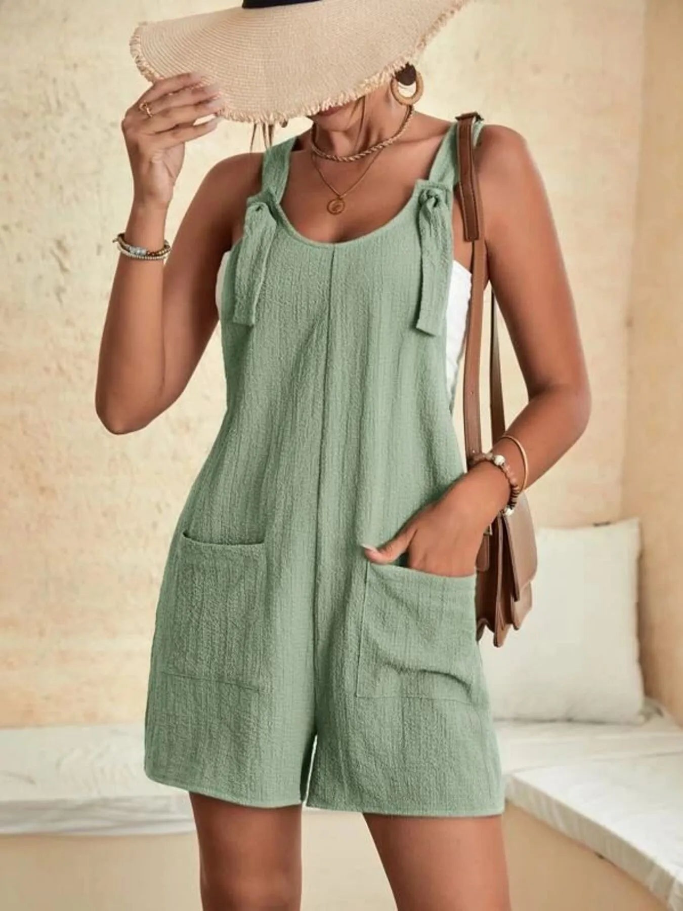 Full Size Knot Strap Romper with Pockets Plus Size OutfitFlow