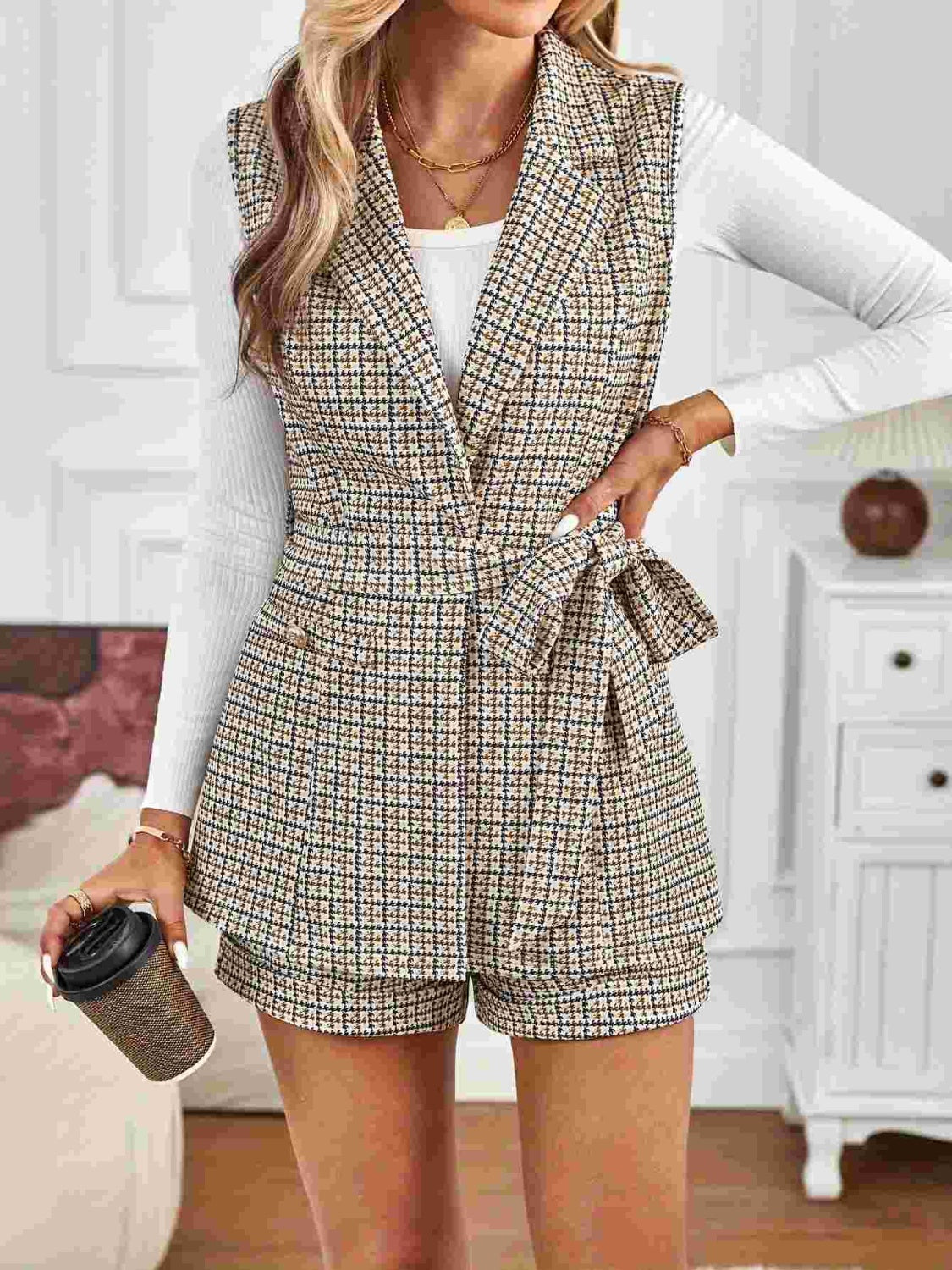 Outfit Flow - Tied Plaid Collared Neck Vest and Shorts Set