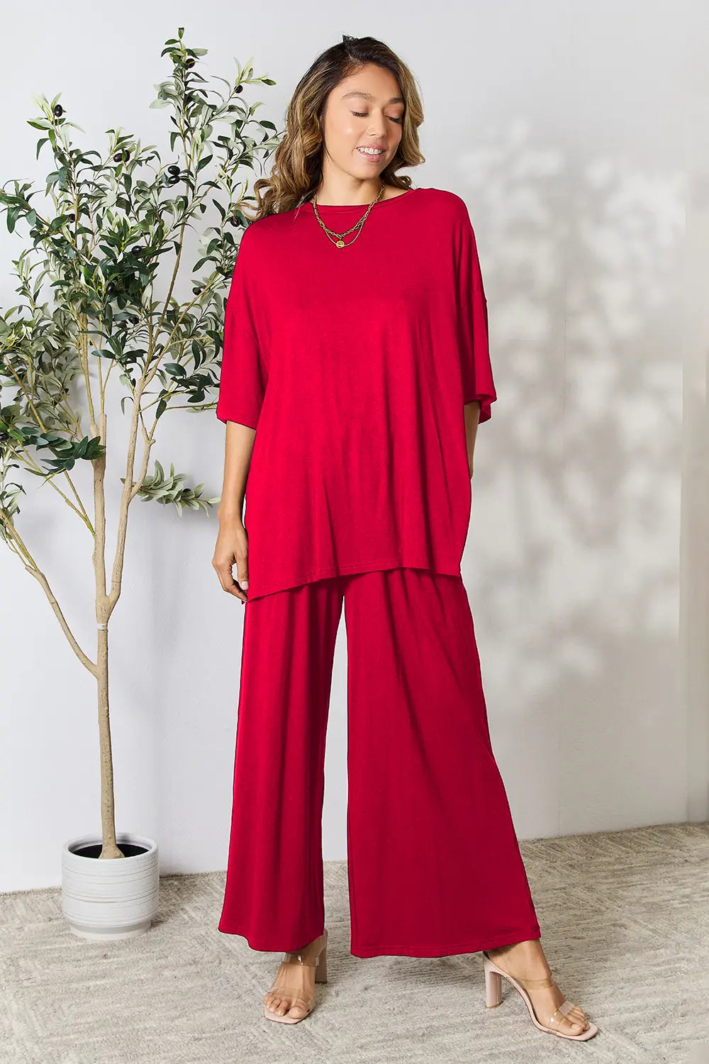 Double Take Full Size Round Neck Slit Top and Pants Set Red OutfitFlow