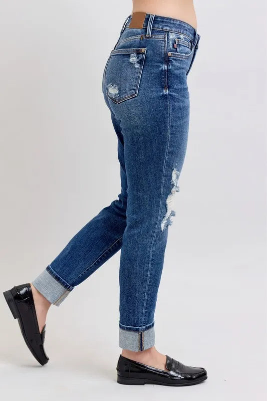 Judy Blue Full Size Midi Rise Boyfriend destroy Jeans with Yoke Pockets and Faux Selvedge Cuff Plus Size OutfitFlow