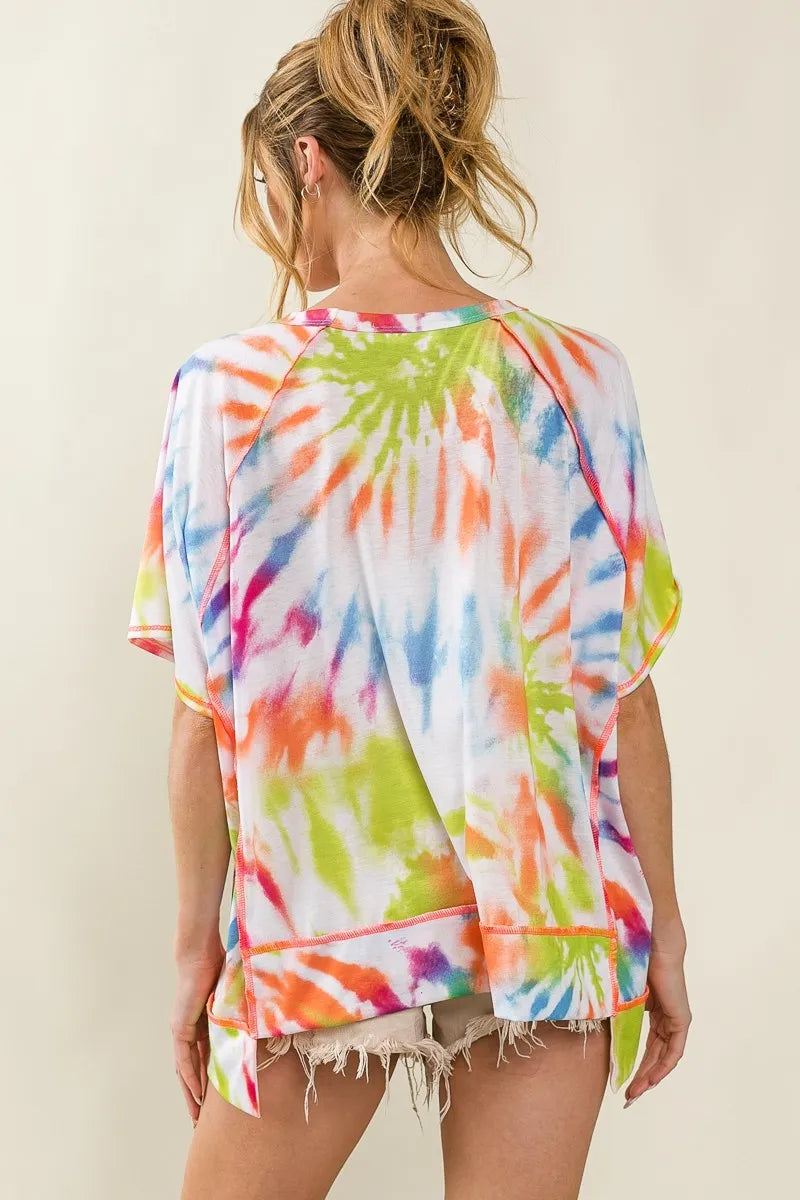 BiBi Tie Dye Print Jersey Stitched Uneven Hem Top OutfitFlow