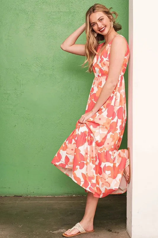 Lime 'N' Chili Sleeveless Floral Print V-Neck Midi Dress OutfitFlow