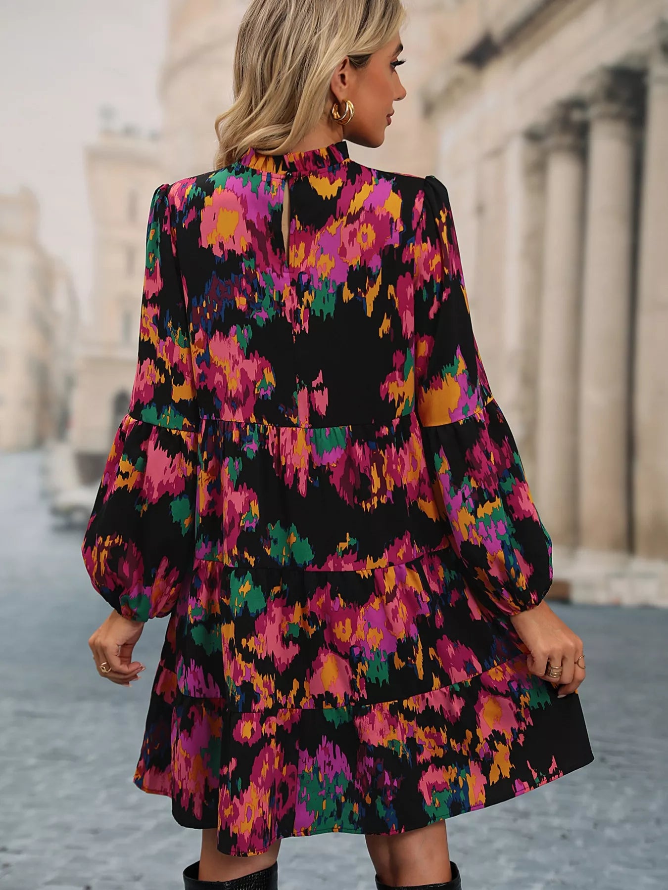 Printed Balloon Sleeve Mini Dress OutfitFlow